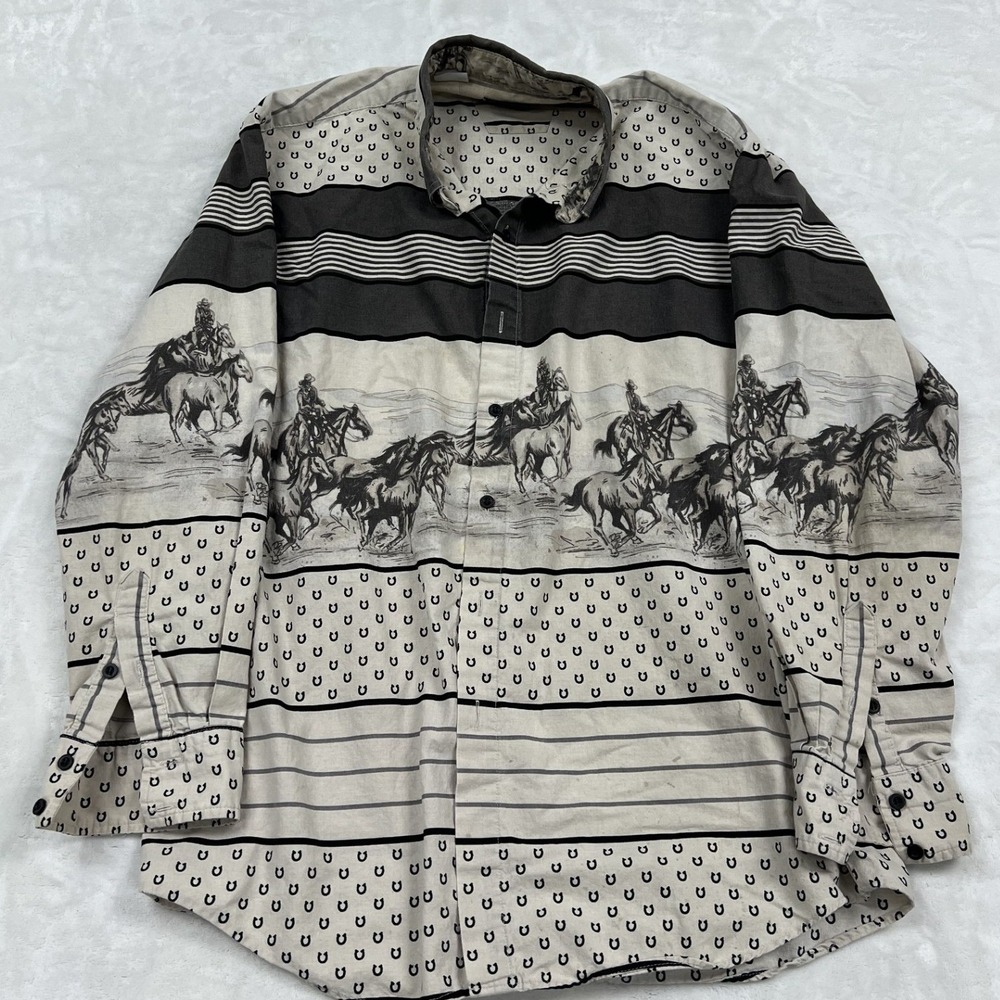 Roper Button Down Shirt Mens L Cream Charcoal Horseshoe Western Horse Print